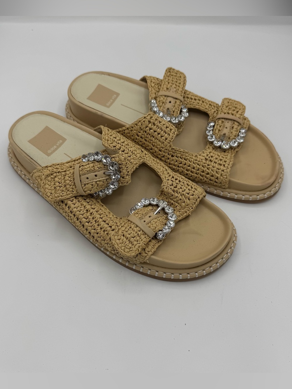 Anthropologie Dolce Vita Size 8 Shauny Crystal Buckled Slide Sandals Tan Beige‎